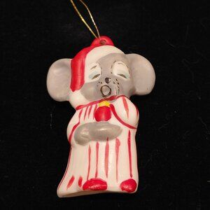 VTG Ceramic Mouse in Pajamas Hand Painted Christmas Tree Ornament Approx 3" Tall
